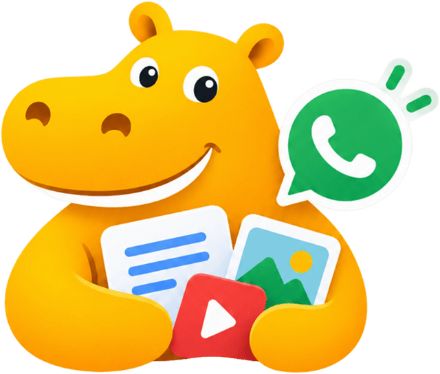 Drudow's hippo holding a document, a photo and a WhatsApp bubble